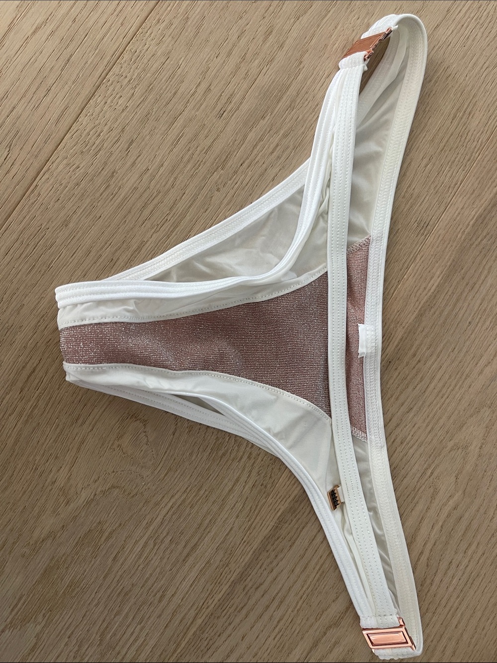 White Bikini Bottom with Rose Gold Shimmer Accents